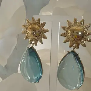 Aqua Drop Earrings in Stainless Steel with Teardrop Design and Sunburst Detailing