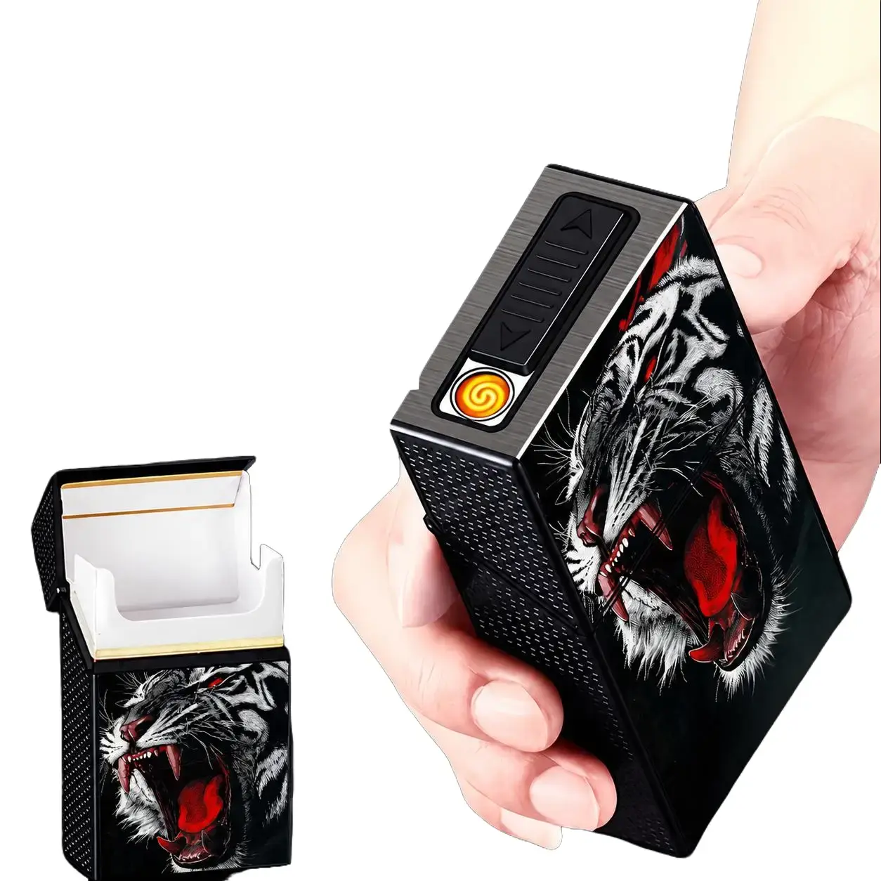 2-in-1 USB Rechargeable Lighter Accessory with 20-Slot Storage Case, Built-In Windproof Electronic Lighter, Fashion Graphic Design, Durable Portable for Daily Carry, Outdoor Use, Gifting Aluminum Alloy