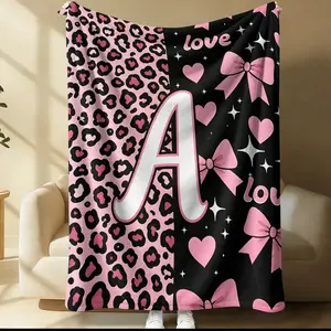 Y2K Girly Pink Leopard Bow Flannel Blanket, Heart Initial A-Z Print Throw Blanket, Sweet Sparkle Love Warm Blanket for Teen Girls, Cute Girly Aesthetic Birthday Gift Blanket, Cozy for Couch Bed Sofa Travel