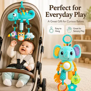 Baby Stroller Hanging Toy, Plush Animal Sensory Rattle Toy with Teether & Mirror, Clip-On Crib Car Seat Activity Toy for Infant Play