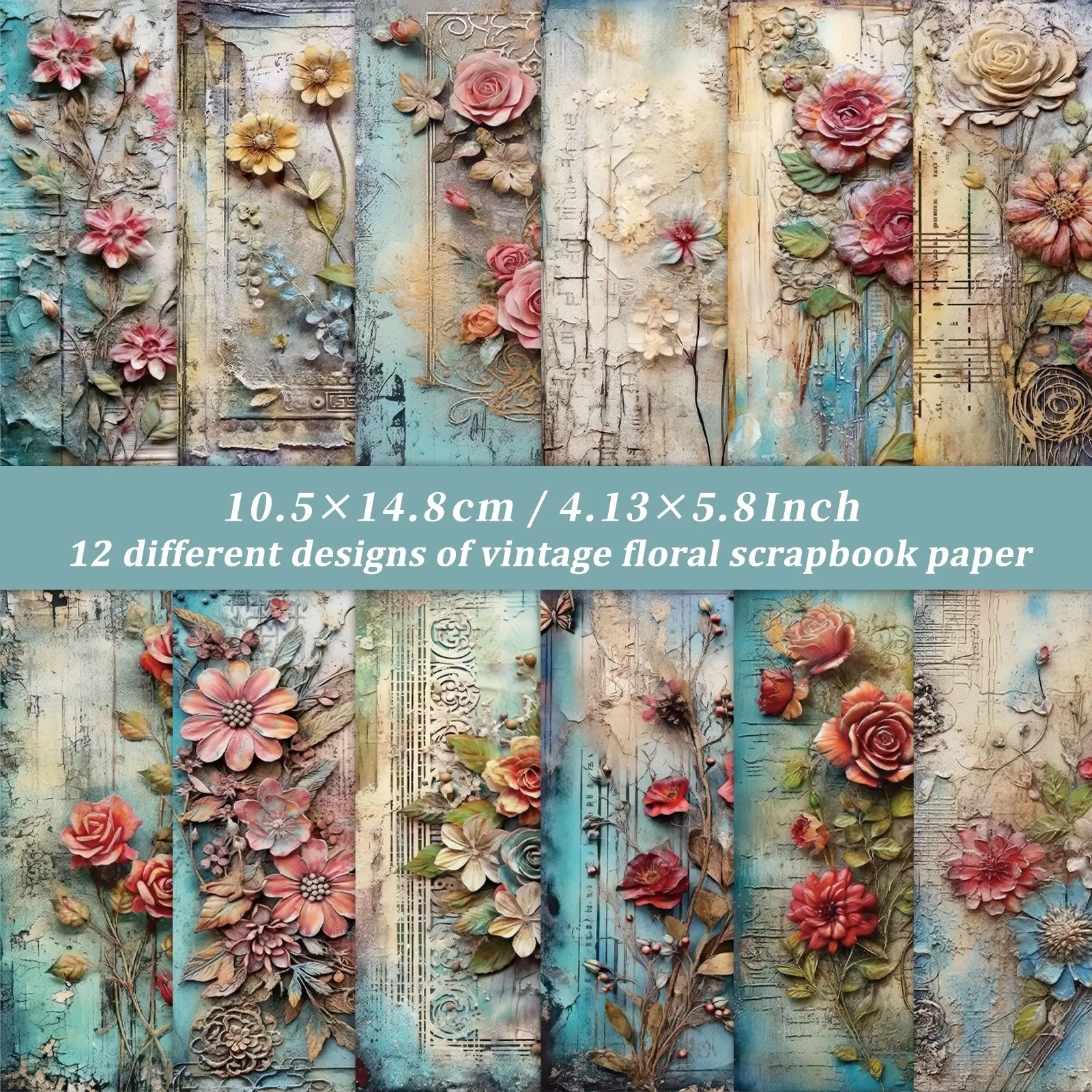 Vintage Floral Decorative Scrapbook Paper Set, Scrapbooking, Retro Flower Theme Craft Supplies, Handmade Paper for Journaling, Diary Journals, Card Making, DIY Art Projects, Perfect Size, Handmade Quality