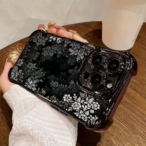 Electroplated Four Corner Anti-Fall Black Line White Flower Pattern Phone Case for IPhone 16 Pro Max 15 Plus 14 13 12 11 E Shockproof Transparent Protective Cover