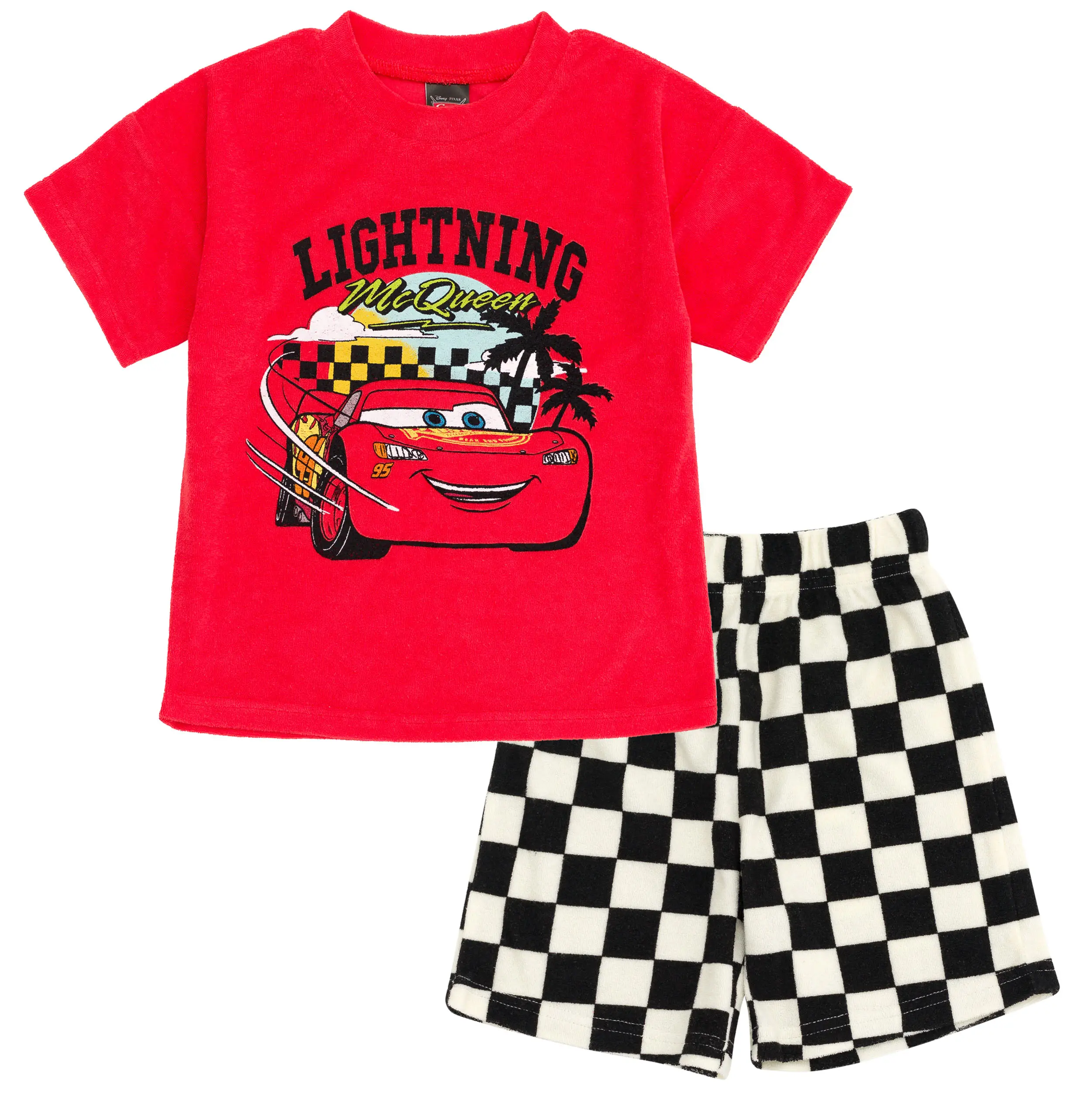 Disney Cars Lightning McQueen Boys' 2-Piece Loop Terry Front Graphic T-Shirt & Printed Checkerboard Shorts Set, Red, Toddler (2t, 3-4 Years) to Big Kid