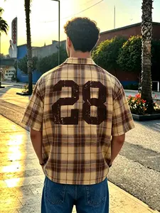 Vintage Plaid Casual Shirt, Short Sleeve Loose-Fit Street Style, Men's Summer Essential, Figure Pattern, China Made