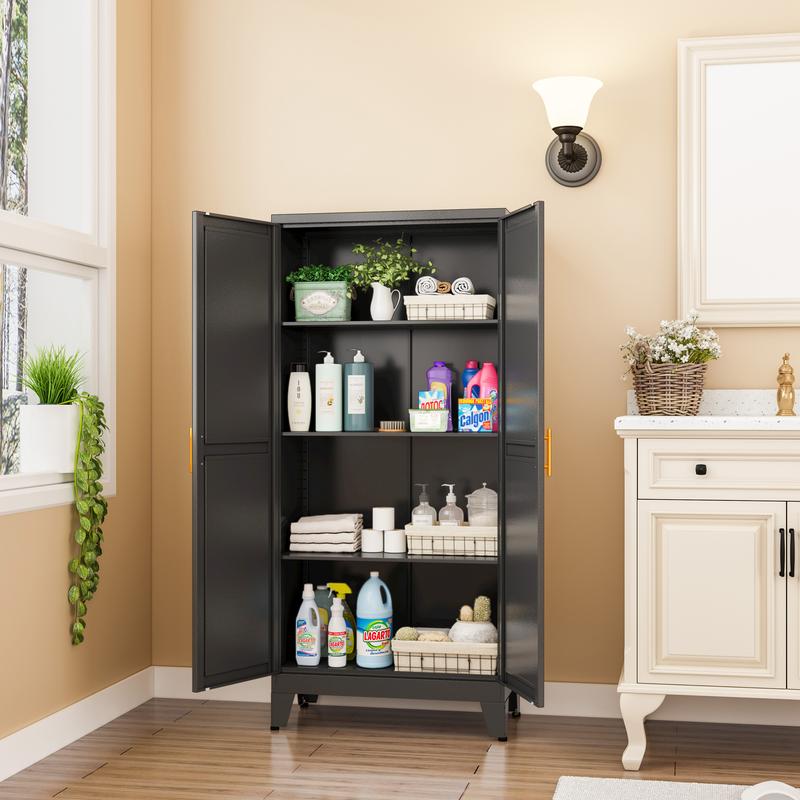 Geitin 47.25" Kitchen Metal Pantry Cabinet with 2 Doors, Adjustable Shelves, Gold Handles, Versatile Storage for Laundry Room,Living Room,Bathroom,Dinning Room