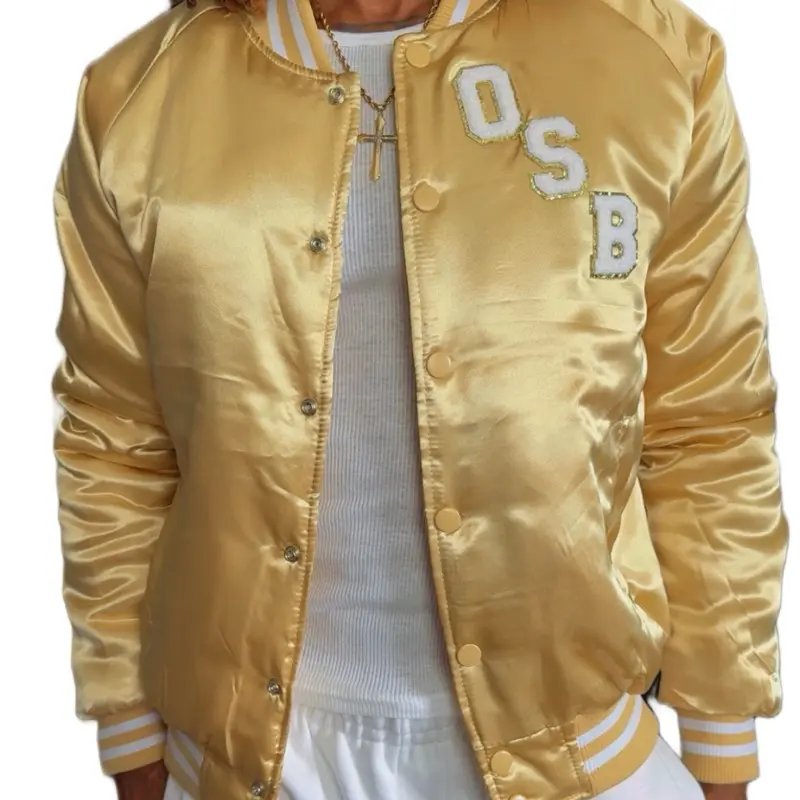 Onesmoothbrotha OSB Gold White Varsity Jacket with Letter Embroidery and Button Details Unisex