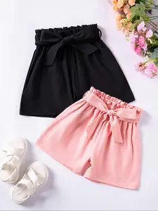 Toddler Girl's Solid Color Bow Decor Frill Trim Shorts, Casual Elastic Waist Shorts for Summer, Kids Bottoms for Daily Wear