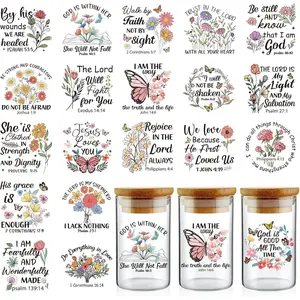 Bible Verse UV DTF Decals - 20 Sheets Christian Motivational Quotes Uvdtf Cup Wraps for 16 oz Glass Water Bottle, Wildflowers Butterflies Transfer Stickers DIY Mug Craft Decor Religious Gift for Mom