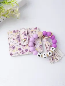 1PCS Mama Wristlet Keychain Card Holder / ID Holder, Floral Print Beaded Tassel Keychain with Card Holder, Mother's Day Gift for Mom，Silicone Beaded Mama Keychain with PU Leather Card Wallet, Floral Pattern Keychain