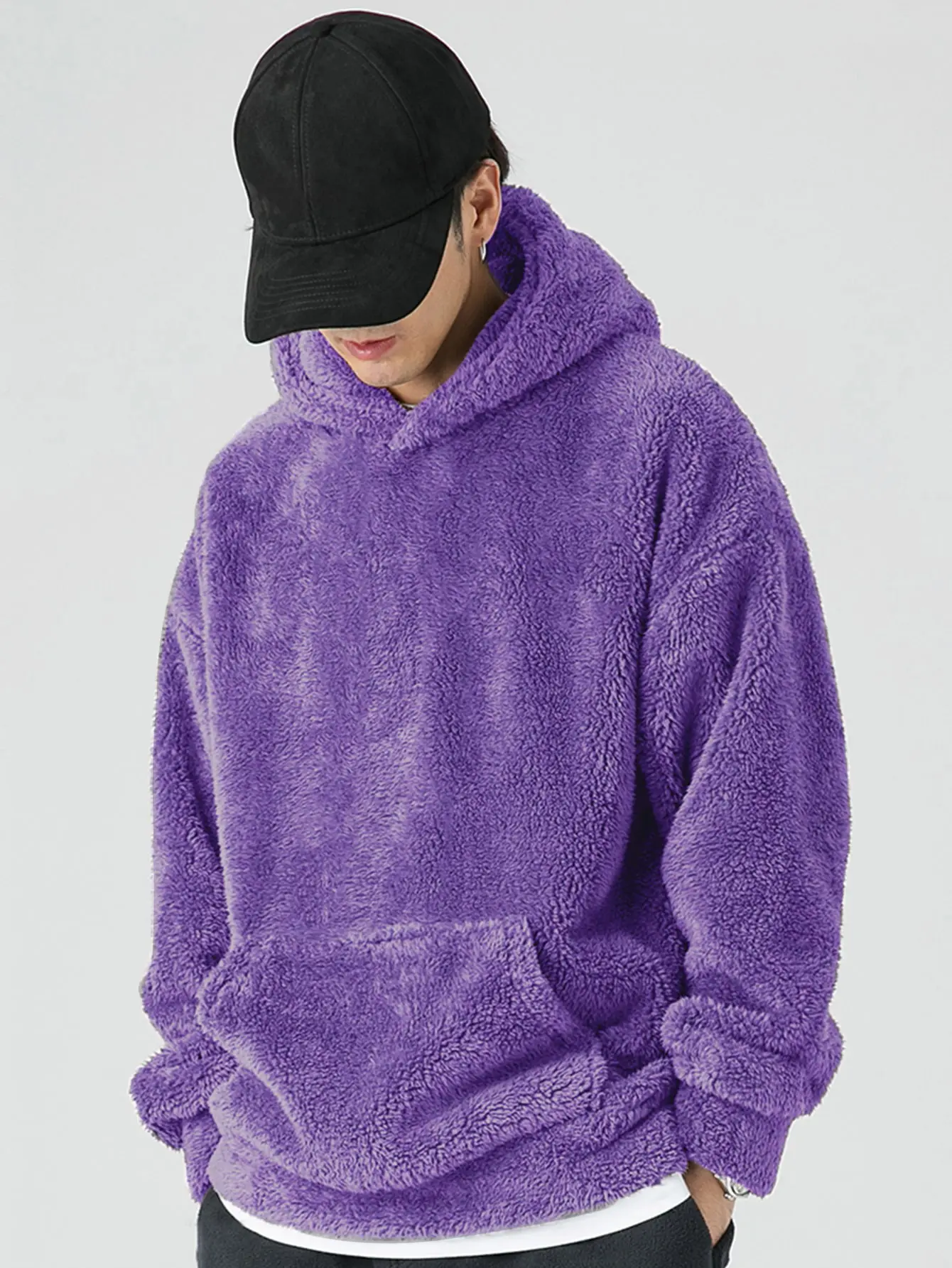 Men's Coral Fleece Hoodie, Warm Plush Pullover Sweatshirt, Relaxed Fit Fuzzy Hooded Top, Fall Winter Streetwear for Casual Daily Wear & Layering
