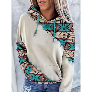Aztec geo-print drawstring hoodie, vintage long sleeves with kangaroo pockets for spring and fall; women’s clothing that can be worn with a raincoat