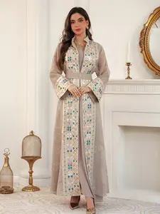 Women's Peach Muslim Robe Two-Piece Set, Fashion Embroidered Vest + Belt Coat, Elegant Evening Dress, Eid Festival, Ethnic Style Long Skirt