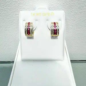 1088- NEW 14K Triple Row Huggies Cz Red & Clear Hoop Earrings (5x10mm)W.G