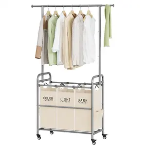 Laundry Hamper with Rack, 3 Section Laundry Sorter with Lockable Wheels, Laundry Basket Organizer for Dirty Clothes, 3 Beige