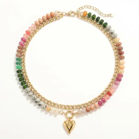 Women's Dopamine-Enhanced Colorful Beaded Double-Layer Clavicle Necklace - Heart-Shaped Metal Stone Pendant, Bejeweled Style, Adjustable Bead Mix, Daily Embellishment Jewelry for Women, Quirky Girly Feminine Gift