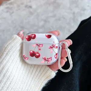 Red Cherry Bow Pattern TPU Soft Protective Case for Apple AirPods 4/3/2/1/Pro/Pro2 Transparent Earphone Cover with Keychain Attachment