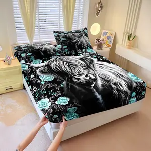 Highland Cow Print Fitted Sheet Set, 3Pcs Floral Pattern Bedding Set, Soft Microfiber Fabric, Cozy Breathable, All Season Use, for Bedroom, Guest Room, Great for Highland Cow Lovers. Includes 2 Pillowcases, No Pillow Core