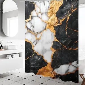 Marble Pattern Shower Curtain Set, Light Blue Polyester Fiber, 70.8x70.8 Inches, Includes 12 Hooks, Modern Bathroom Decor