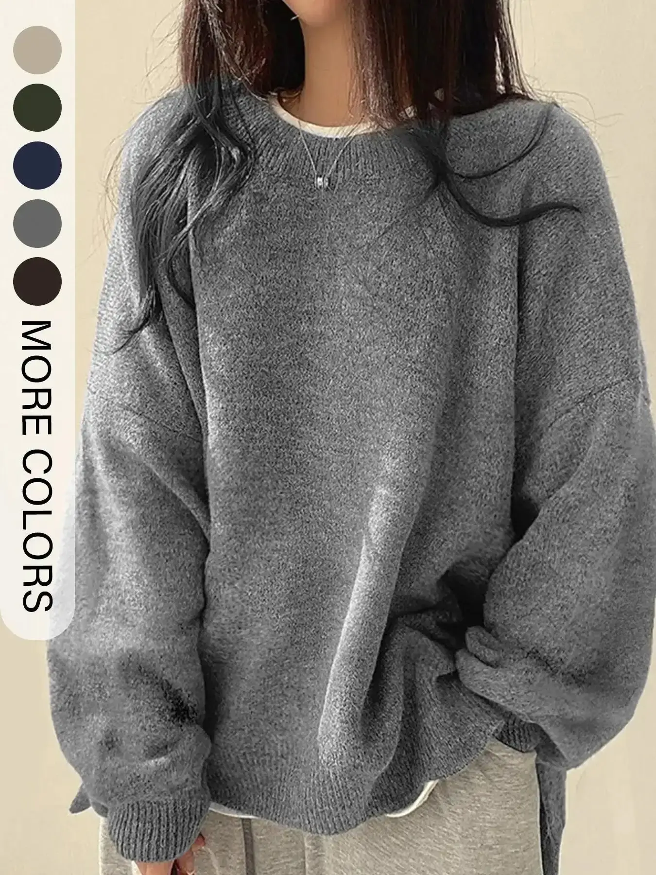Women's Drop Shoulder Split Hem Loose Fit Baggy Sweater, Casual Basic Minimalist Long Sleeve Round Neck Jumper, Knitwear Top for Fall & Winter, Sweaters Women Womenswear essential elevated basics weekend wear