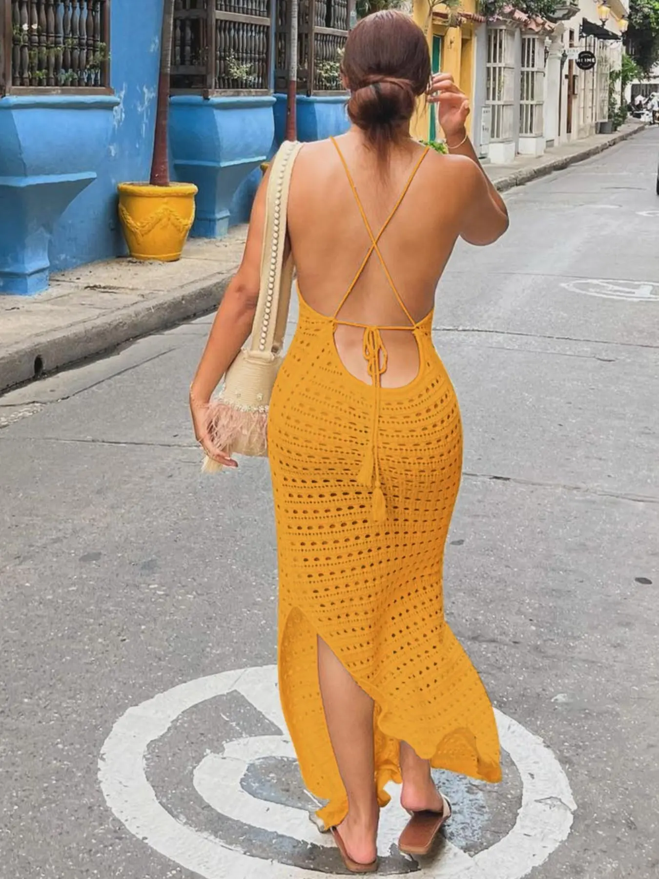 Women's Plain Criss Cross Split Backless Sleeveless Spaghetti Strap Bodycon Sweater Dress, Boho Style Dresses, Casual Women's Plain Criss Cross Split Backless Sleeveless Spaghetti Strap Bodycon Sweater Dress, Boho Style Dresses, Casual
