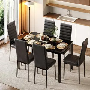 [2 Packages Shipping]7-Piece Glass Dining Table Set, Accommodates 6 With PU Leather Chairs, Modern Room Sets For Your Home, Kitchen, Living Room White Door Wardrobe