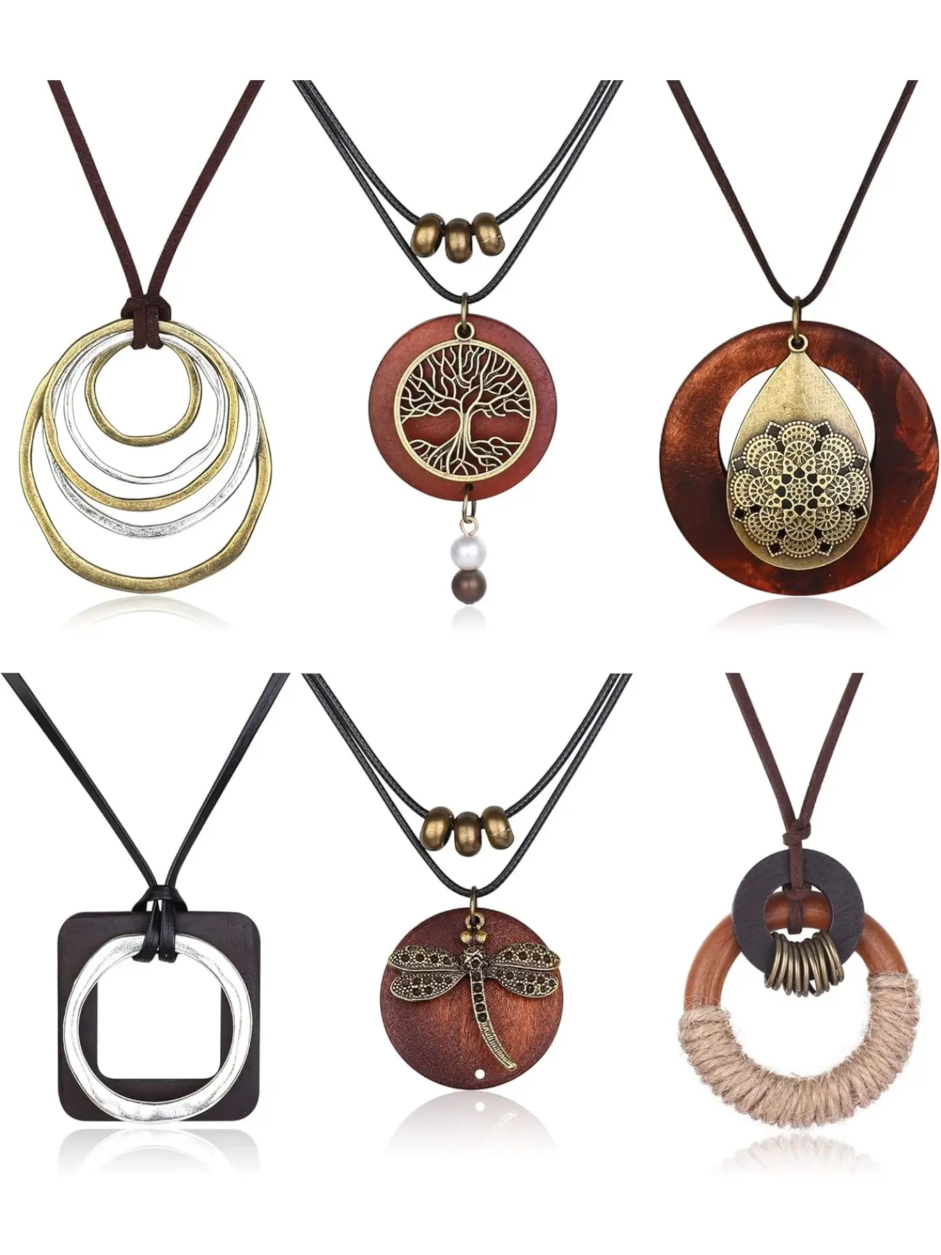 6Pcs Long Pendant Necklaces for Women Boho Vintage Wood Fall Sweater Necklaces Set Statement Feather Dragonfly Peace Sign Y Necklace Hippie Handmade Fashion Jewelry Accessories Trendy Charm Necklaces Dangling Charms Alloy Necklace