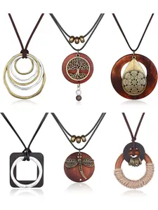 6Pcs Long Pendant Necklaces for Women Boho Vintage Wood Fall Sweater Necklaces Set Statement Feather Dragonfly Peace Sign Y Necklace Hippie Handmade Fashion Jewelry Accessories