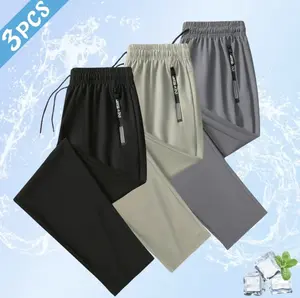Men’s 3-Pack Minimalist Fashion Ice Silk Casual Athletic Pants — Drawstring Waistband, Zipper Pockets, Skin-Friendly Comfort, Essential for Warm Weather and Everyday Wear SpringStatements, Black + Gray + Khaki, Menswear