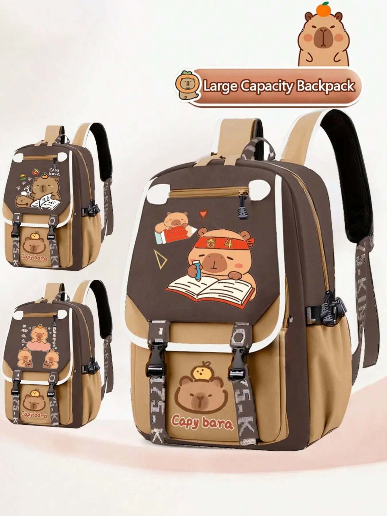 Cute Water Buffalo Pattern Backpack, Youth Backpack, Large Capacity, Multi-Pocket Design, Fashionable Handbag, Lightweight Cartoon Bag, Portable Multilayer Backpack, Casual Printed Backpack