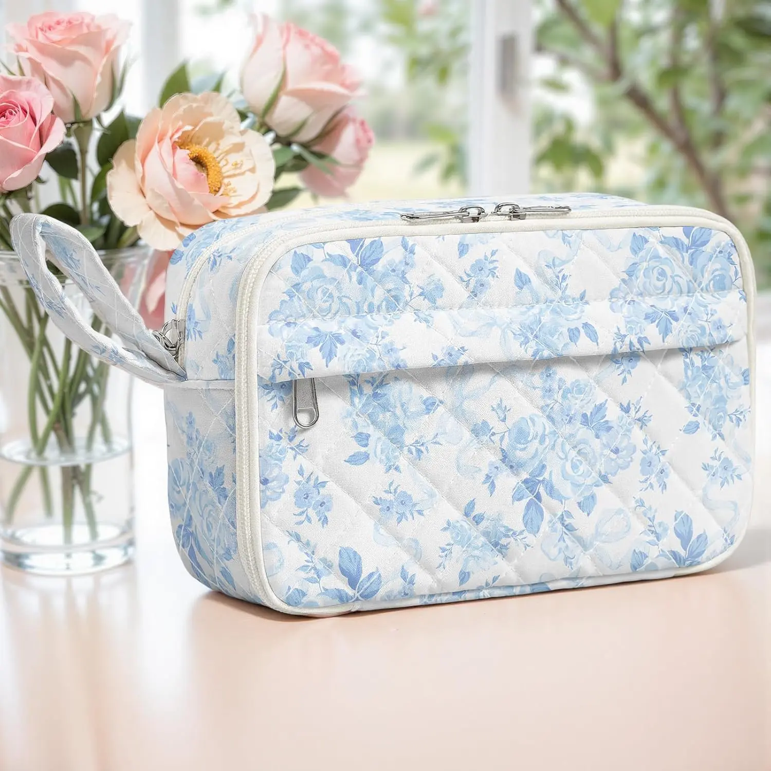 Quilted Pencil Pouch for Girls Women, Large Pencil Case Pouch with Compartments Cute Aesthetic Pencil Case Organizer, Floral Pencil Bag for School Supplies (Blue Floral Bow)