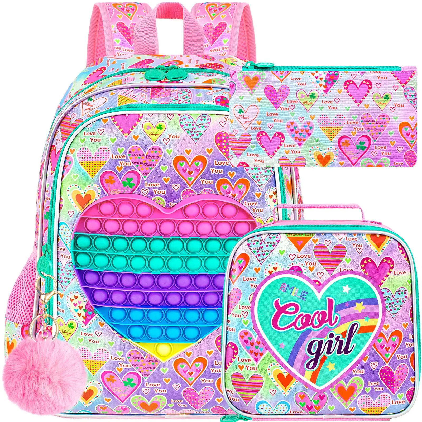 3PCS Backpack for Girls, 16" Kids Heart Bookbag with Lunch Box, Water Resistant School Bag for Elementary Prechool Toddler