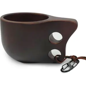 Kuksa Dark Brown Handcrafted Wooden Cup - Sturdy Nordic Mug with Leather Lanyard & Carabiner for Easy Carry - Light-Weight & Easy Grip Coffee, Tea Drinkware - Tumbler Lightweight Stylish