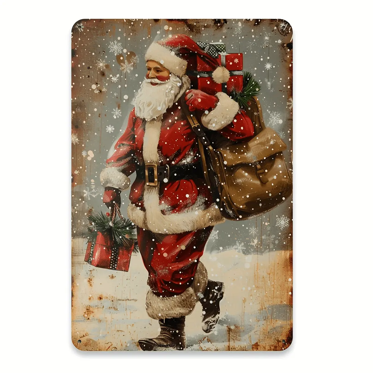 Vintage Santa Claus Metal Tin Sign - 8x12 in Durable Iron-Steel Material, Snowy Holiday Scene, Ideal for Home Wall Decoration, Festive Christmas Accent for Living Spaces