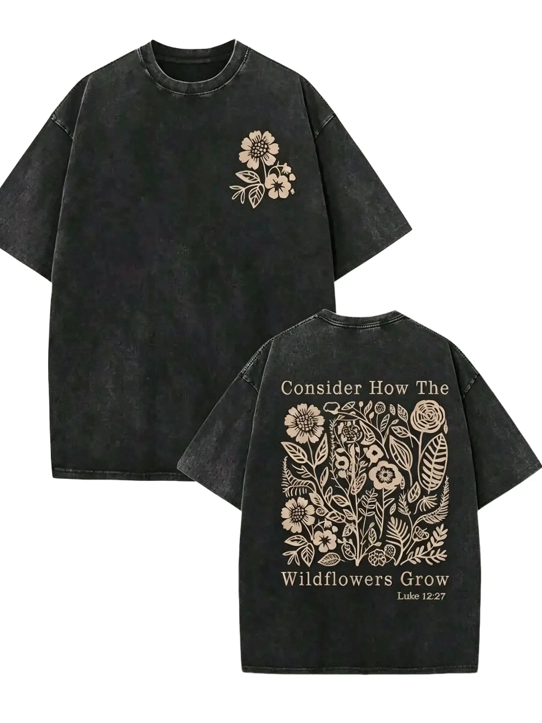 [BT] Vintage Washed Oversized T-Shirt Consider How The Wildflowers Grow Luke 12:27 Floral Print Christian Faith Wildflower Botanical Short Sleeve Streetwear Tee, floral bible verse tee,grunge vintage faith flower top,minimal wildflower scripture tee