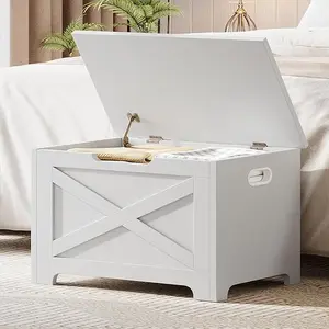 Storage Chest, Storage Bench with Safety Hinge, Farmhouse Style Wooden Toy Chest for Entryway, Bedroom, Living Room
