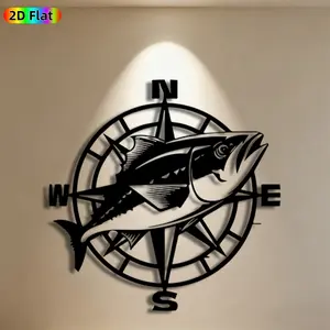 1pc Fish & Compass Metal Wall Art,Fish & Compass Statue Mural, Ideal Gift for New Year, Easter, Nautical Decor Enthusiasts, Weather-Resistant Metal Wall Decor Wall Sculptures, Perfect for Outdoor Wall & Garden Fence, Unique Home Decor