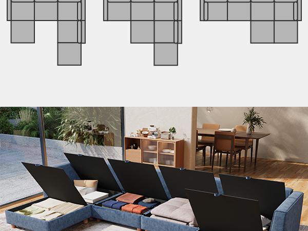 128" 6 Seat Modular Sectional Sofa with Storage, Sturdy Solid Wood Structure, Modular Sectional Sofa Cloud Couch Washable, Spacious Couches for Living Room, Apartment, Loft, Dark Blue