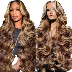 Lace Front Highlighted Ombre Reddish Brown Wig, Highlight Raw Brazilian Body Wave Pre Plucked Wig Lace Frontal Wigs For Women, Natural Fluffy Synthetic Full Wig Cap