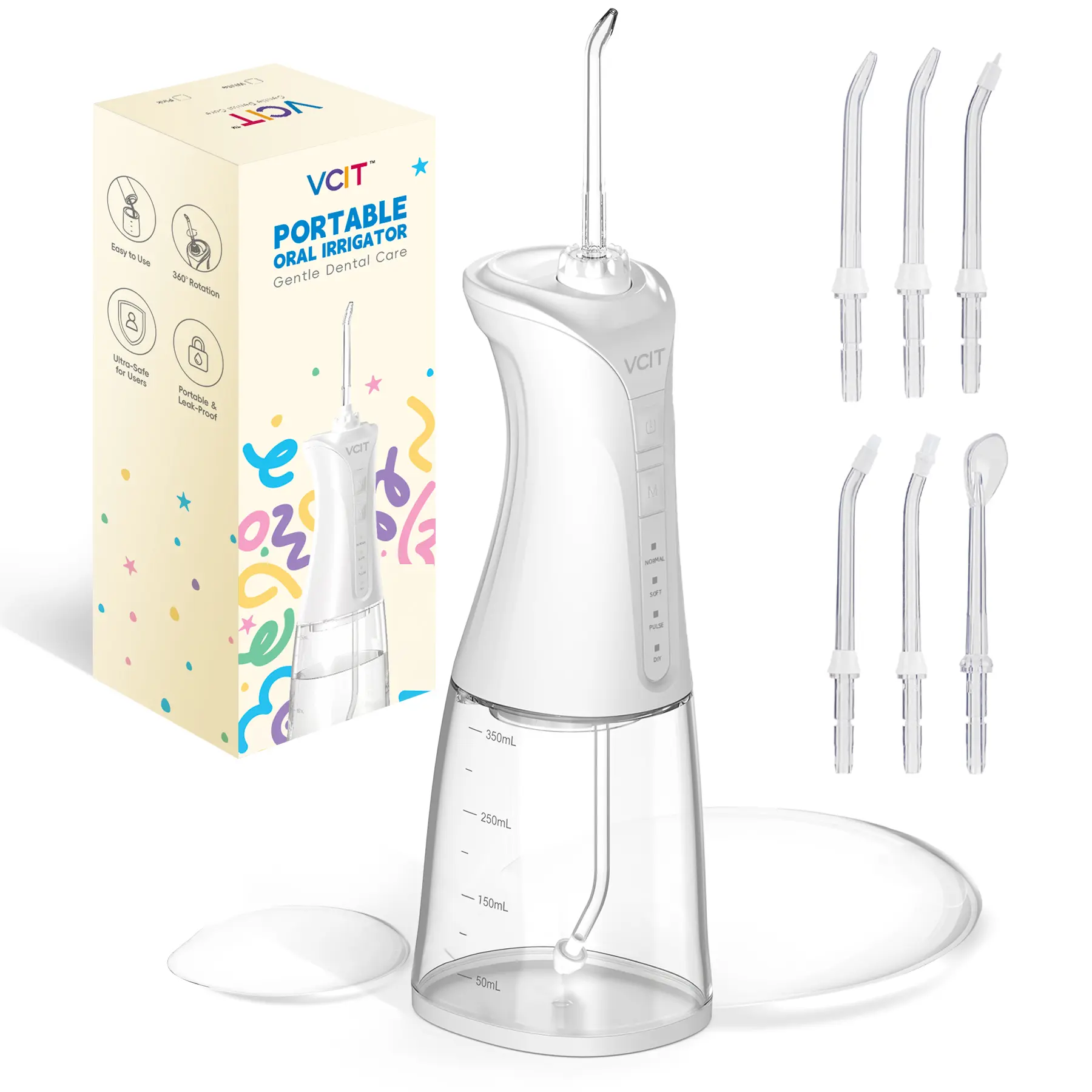VCIT Water Flosser for Braces - 350ML Cordless Portable Oral Irrigator with 4 Modes & IPX7 Waterproof for Kids and Adults, Travel & Shower Use（White）