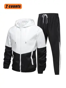Men's Casual Patchwork Two-Piece Set, Loose-Fit Long Sleeve Sweatshirt & Pants, Multi-Pocket Design, All-Season Wear