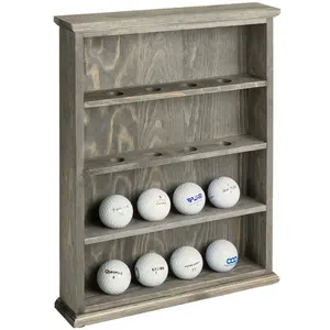4-Tier Gray Wood Wall Mounted or Tabletop Golf Ball Display Case, Ball Holder Shelf Rack