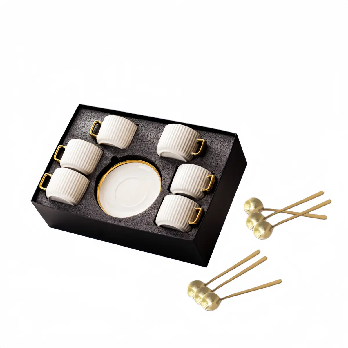 6Pcs Gold Edge Vertical Grain Ceramic Coffee Cup Saucer Set With Spoon, Gift Box Perfect For Gifting