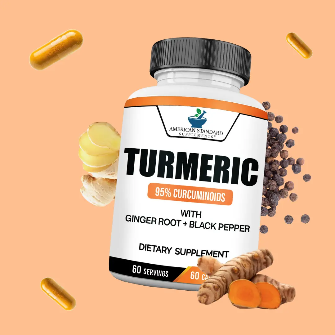 American Standard Supplements Turmeric Extract 95%, Curcumin 95% with Ginger Root Extract & Black Pepper Extract– 60 Vegan Capsules, 60 Servings