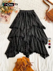 Women's All Over Print Contrast Lace Ruffle Trim Tiered Layer Fitted Skirt, Aesthetic Bohemian Fashion Elastic Waist Long Skirt For Daily Holiday Vacation Wear, Ladies Bottoms For All Seasons, Boho Fashion Skirt, Lace Layered Skirt