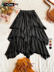 women's all over print contrast lace ruffle trim tiered layer skirt, boho fashion elastic waist long skirt for daily holiday vacation wear, ladies bottoms for all seasons, bohemian skirt