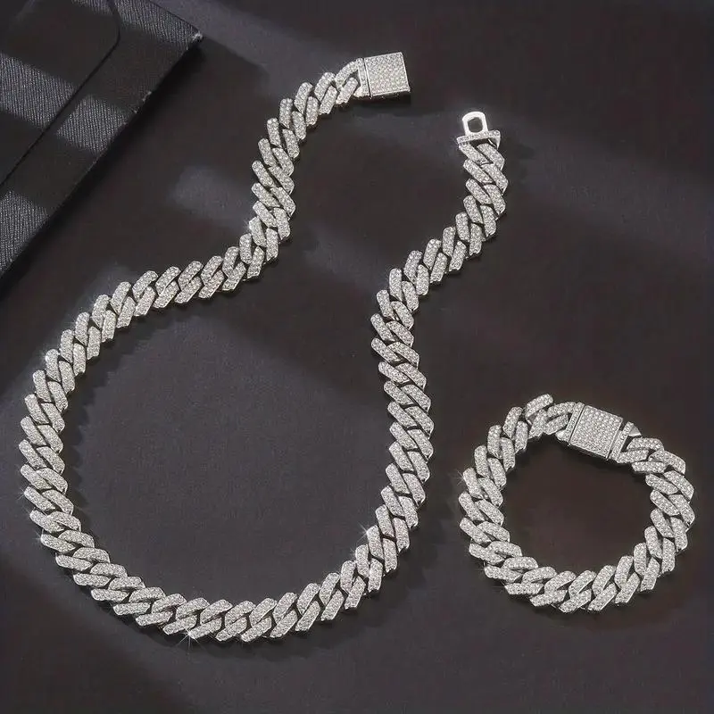 Iced Out 14mm Cuban Link Chain Necklace & Bracelet Set for Men – Hip Hop Bling Diamond Watch Set, Gold Plated Streetwear Jewelry Gift for Boyfriend