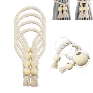4 Pack Total Length - 20.2" Magnetic Curtain Tiebacks Cotton Hand Woven Tie Back Decorative Rope Holdbacks for Curtains Draperies No Tools Required, Beige