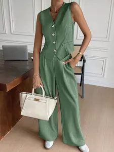 Women's Fashionable Versatile New Solid Color Sleeveless Fitted Blazer Vest   Wide-leg Pants Set, Suitable for Summer, Daily Commuting, Casual Business Meetings, or Elegant Casual Dates, Womenswear