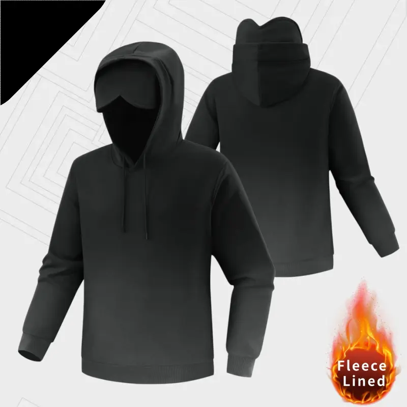 Men’s gradient fleece hooded sweatshirt for autumn/winter, warm fleece with wind protection around the face, drawstring adjustable hood, ribbed cuffs, and hem; a casual, versatile fit suitable for outdoor activities and everyday commuting. sohochic