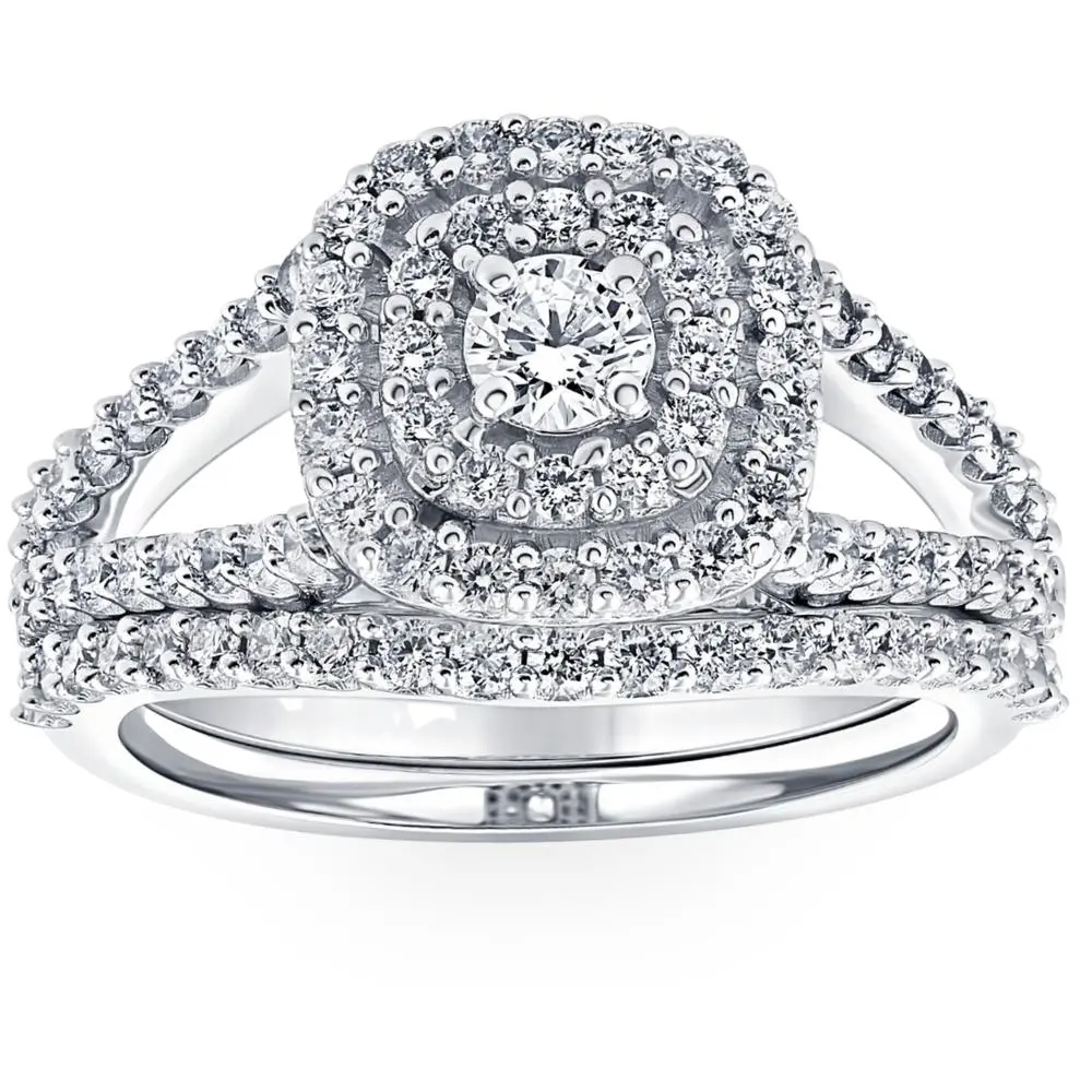 1 1/10 Ct Lab Grown Diamond Cushion Halo Engagement Wedding Ring Set White Gold
